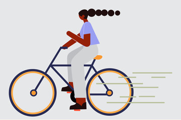 Black girl riding on a bicycle. Colorful flat vector illustration of cyclists on gray background