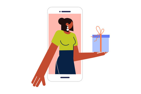 Online shopping, free gift, bonus. Woman, mobile app, smartphone. Colorful illustration on white background