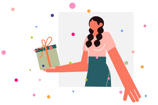 Woman, person, guest holding a gift. Celebration, Christmas, party, fiesta. Colorful vector illustration on white background. Character design.