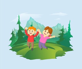 Fototapeta na wymiar A happy boy and a girl are having fun in a forest clearing. Vector illustration.