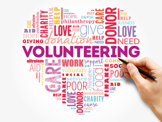Volunteering word cloud collage, heart concept background