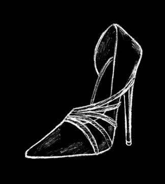 Beautiful women's high-heeled shoe, graphic image in white on a black background