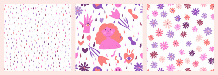 Set of 3 simple contemporary flat doodle handrawn seamless multicolors patterns with various elements.