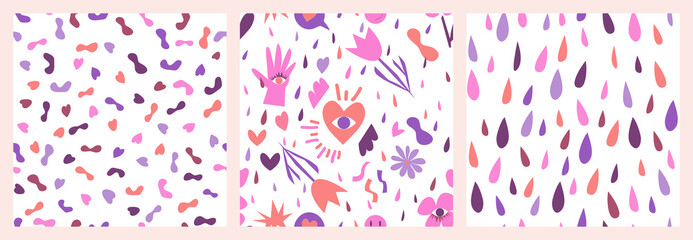 Set of 3 simple contemporary flat doodle handrawn seamless multicolors patterns with various elements.