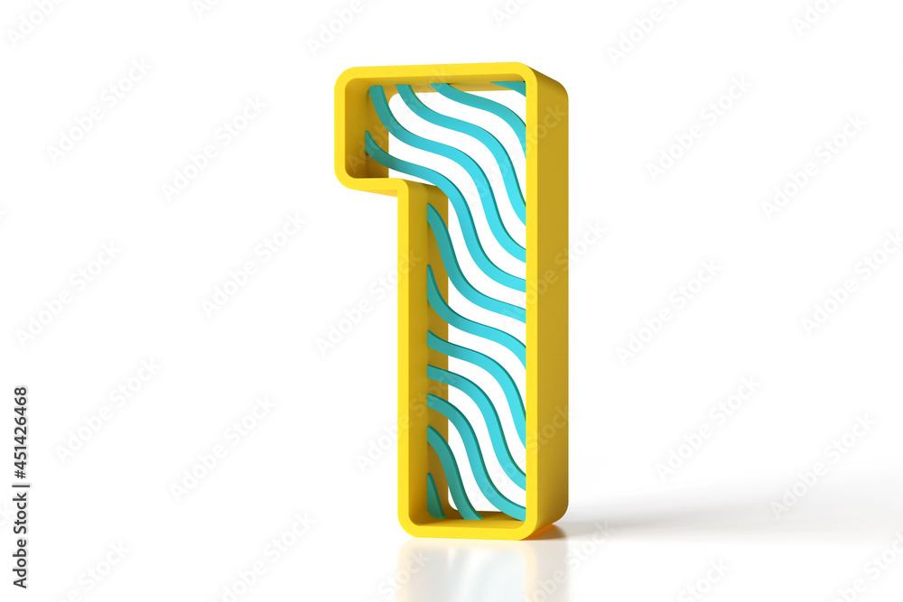 Aufkleber 3d font made of plastic shapes. yellow and blue isometric style number 1. high resolution 3d renderi