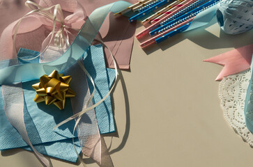 Decor for gender reveal party, birth child baby shower concept boy or girl, top view. He or she