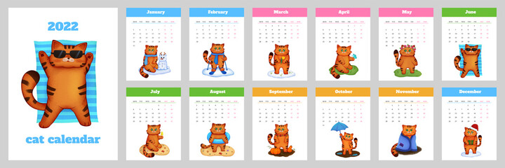 Calendar with a cute ginger cat. Calendar template for the year 2022. Cover and 12 monthly pages.