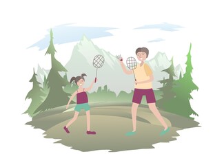 My daughter and her mother are playing badminton in the park. Family outdoor activities, vector illustration.