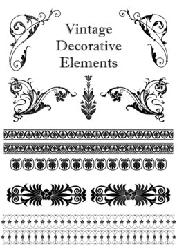 Set of vintage decorative elements. Swirls and floral ornaments, borders, corners, dividers. Vector design elements.