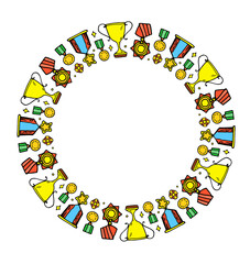 Vector template of a round shape of medals and cups in color. A border of vintage gold medals of various shapes and cups for victory with an empty space inside for text, on a white background for a de