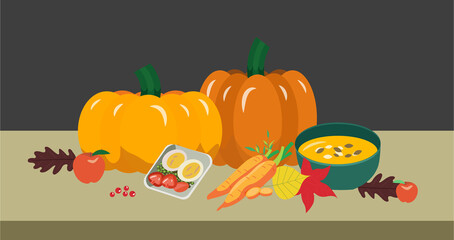 Illustration of autumn food on the table. Vegetables and pumpkin porridge with seeds for Thanksgiving Day. Editable vector illustration