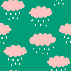 Hand-drawn seamless cartoon  pattern with cute pink clouds with raindrops on green background. Cute autumn  design for baby or kids fabric