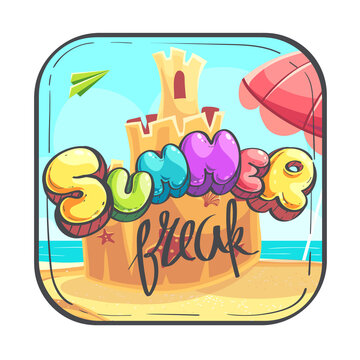 Hello Summer icon cartoon stylized vector illustration sand castle
