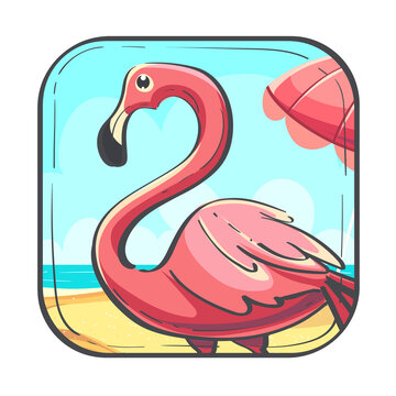 Hello Summer icon cartoon stylized vector illustration with flamingo