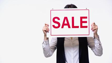 Broker holding signboard with sale lettering isolated on white.