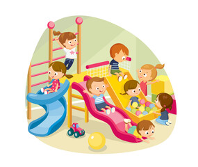 Children kids playing having fun, fooling around in fine good mood, on playroom, playground go down slide, hanging on ladder. Kids in daycare center, preschool. Vector illustration. Flat design.