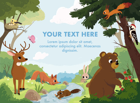 Cartoon vector animals that live on the valley with river and forest. Forest fauna. Forest inhabitants. Bear looking for raspberries. Woodpecker hollows the hollow. Northern national park.