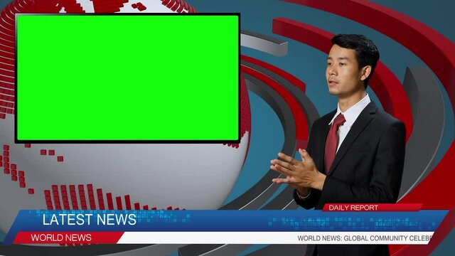 Live News Studio With Sild View Of Asian Male Anchor Reporting On A Story, Uses Green Chroma Key Screen Placeholder Copy Space.Television Newsroom Channel With Professional Presenter
