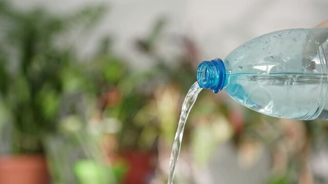 water balance, drinking mineral water pouring from a plastic with a transparent blue bottle on a green background