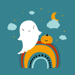 Cute halloween, children's character ghost on a rainbow background, pumpkin with clouds and moon. Vector illustrations in flat style