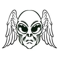 Illustration of Alien head with wings for logo badge design vector element