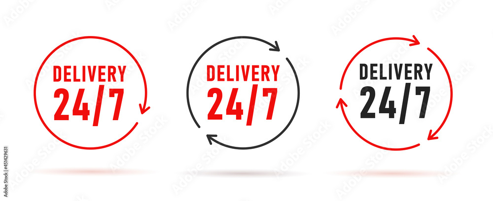 Poster delivery twenty four seven symbols in different colors with arrows forming round circle