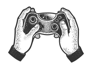 Gamepad joystick controller in hands sketch engraving vector illustration. T-shirt apparel print design. Scratch board imitation. Black and white hand drawn image. - obrazy, fototapety, plakaty
