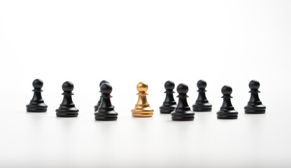 Golden chess pawn standing with the team to show influence and empowerment. Concept of business leadership for leader team, successful competition winner and Leader with influence