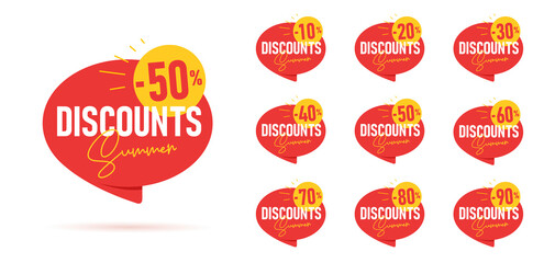 Set of summer discounts promo tags in shape of red speech bubble with sun and percent figure on it