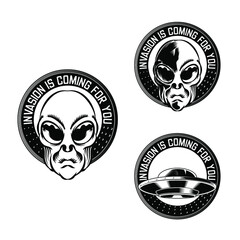 Set Illustration of Alien Badge emblem head for logo badge design vector element