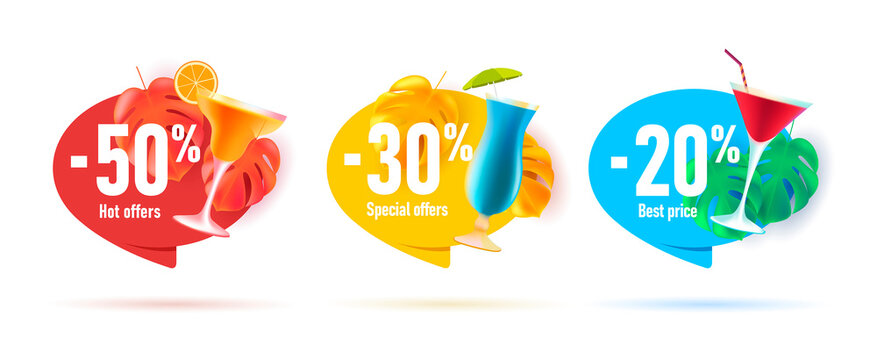 Set of beach bar cocktail discounts stickers or tags with 3d palm leaves and glass cocktails with percent off