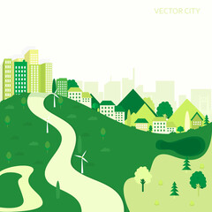Vector illustration of a city view with houses and windmills. Green city with suburban houses. Vector poster.
