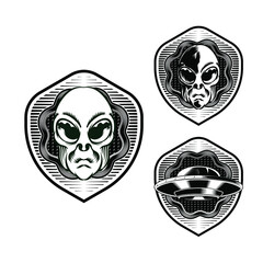 Set Illustration of Alien Badge emblem head for logo badge design vector element