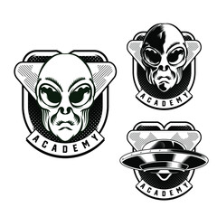 Set Illustration of Alien Badge emblem head for logo badge design vector element