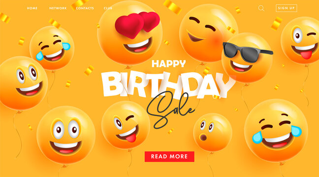 Birthday web banner for landing page promo with festive 3d round balloons with happy smiling faces expressions and confetti