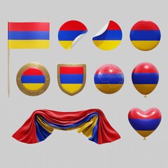 Assortment of objects with national flag of Armenia isolated on neutral background. 3d rendering