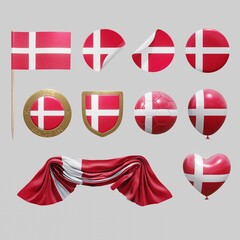 Assortment of objects with national flag of Denmark isolated on neutral background. 3d rendering