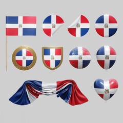 Assortment of objects with national flag of the Dominican Republic isolated on neutral background. 3d rendering