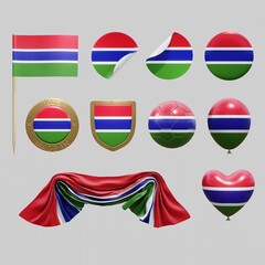 Assortment of objects with national flag of the Gambia isolated on neutral background. 3d rendering