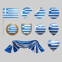 Obraz premium Assortment of objects with national flag of Greece isolated on neutral background. 3d rendering