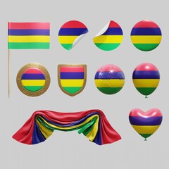 Assortment of objects with national flag of Mauritius isolated on neutral background. 3d rendering
