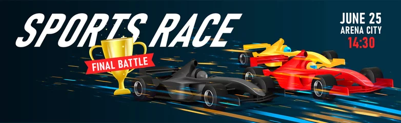 Foto op Canvas Web banner with illustration of three super cars sport bolide in speed motion for golden cup, championship tournament banner © marynaionova