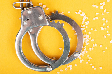 handcuffs and crystal drugs on yellow background, arrest of a drug dealer...