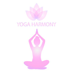 Female figure is sitting in lotus position, isolated, white background. Lotus flower, Inscription Yoga Harmony. Logo of yoga studio for banners, web pages. Delicate pink gradient. Vector illustration