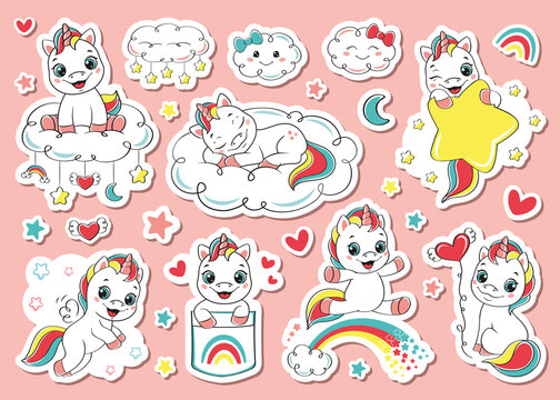 Set happy baby unicorn, Stickers pack, cartoon vector illustration