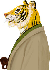 Sideways illustration of a tiger in a kimono