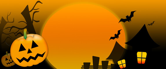 Banner trick or treat Halloween party celebration background for sales advertisement on web banner or head and article with decoration of castles, moon, pumpkins, ghosts.