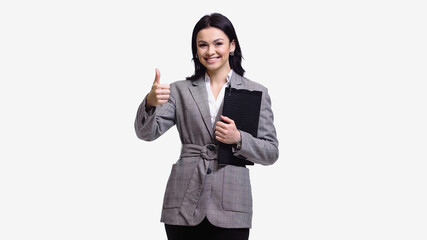 Smiling businesswoman with clipboard isolated on white.