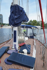 Details of a pleasure yacht sailing on the water