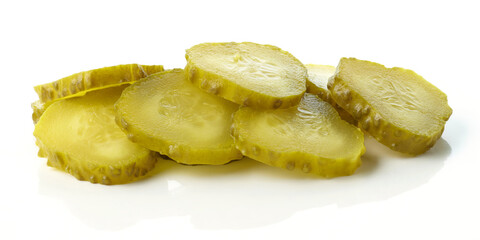 Sliced pickled cucumbers isolated on white